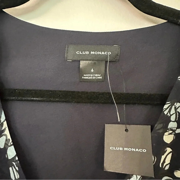Club Monaco Women’s Silk V-Neck Puff Sleeve Navy Multi V Neck Dress Size 6 NWT - Picture 4 of 11